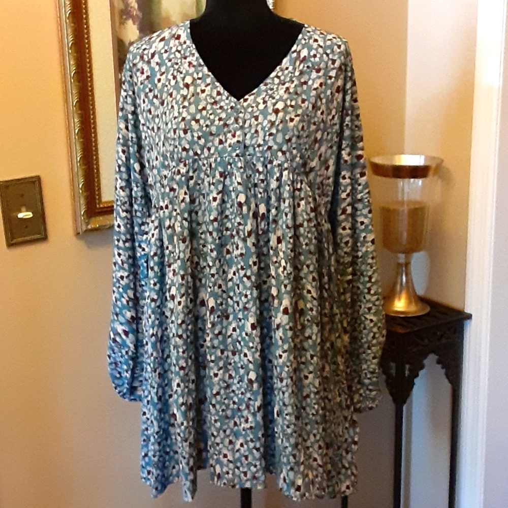 Umgee teal brown & white print long sleeve dress Vneck 3 button front Small …New
